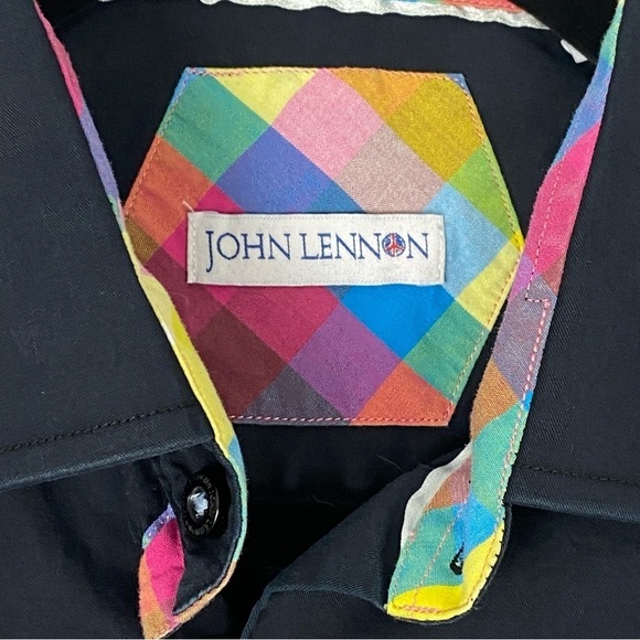 John Lennon Button Up Shirt Sz Large Cotton Black Contrast Collar and Cuff - Picture 3 of 12